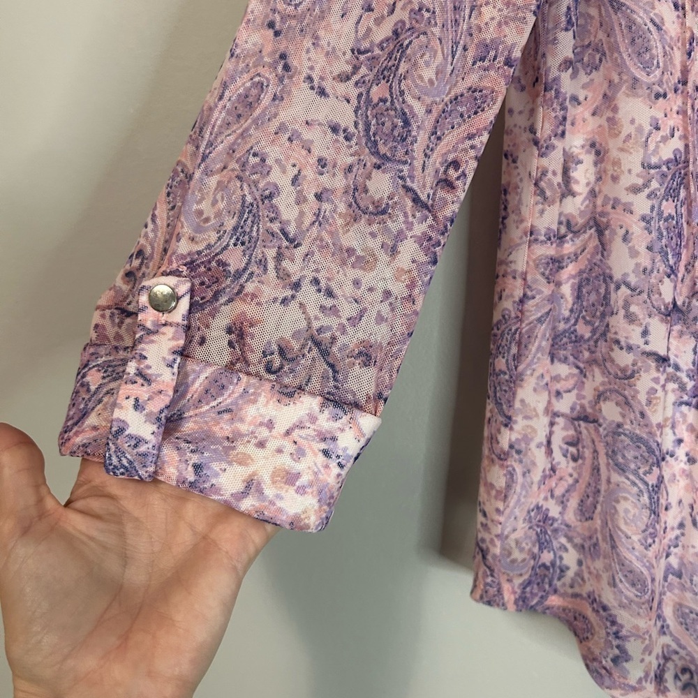 Coral Bay Purple and Pink Blouse with Mandarin Collar, Size M - Picture 2 of 7